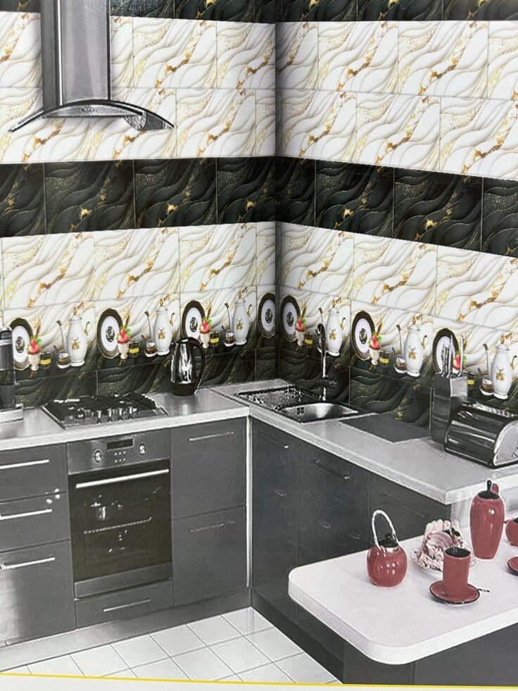 Faïence Plume Noir  et Blanc avec Doré -25x60 cm -Motif Cuisine . – Image 4