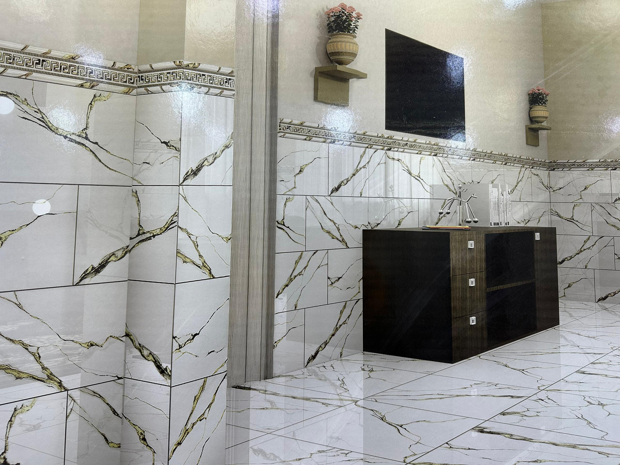 Faïence Gold sous-bassement 30x60 cm-Blanc marbré + lisière de 10x60cm. – Image 5