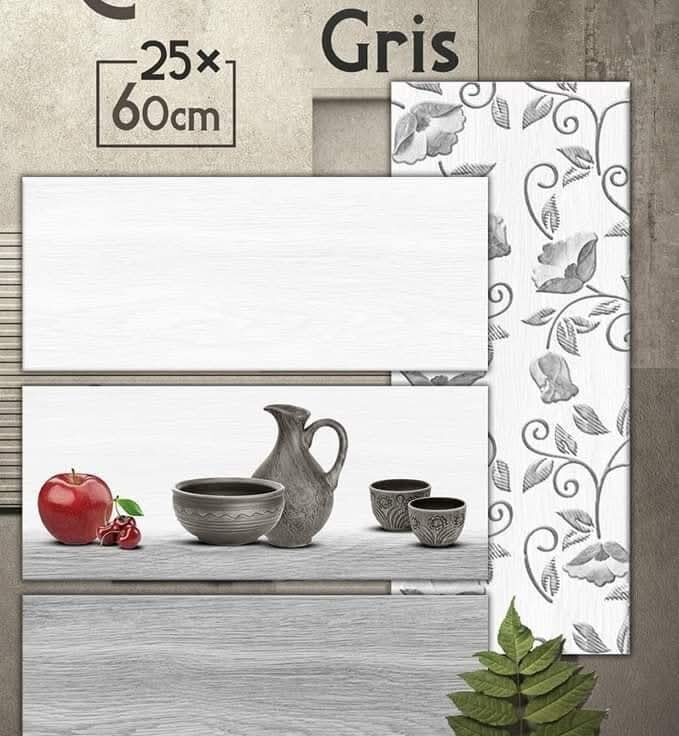 Faïence Amazon Gris Clair et Fonce  -25x60 cm-effet bois avec motif Fleurs et Cuisine  .