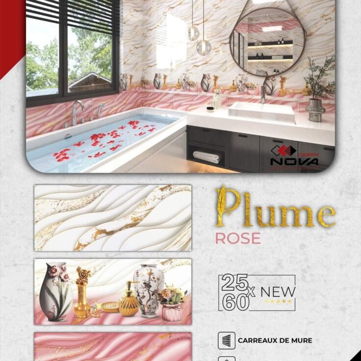 Faïence Plume Rose et Blanc avec Doré -25x60 cm -Motif salle de bain