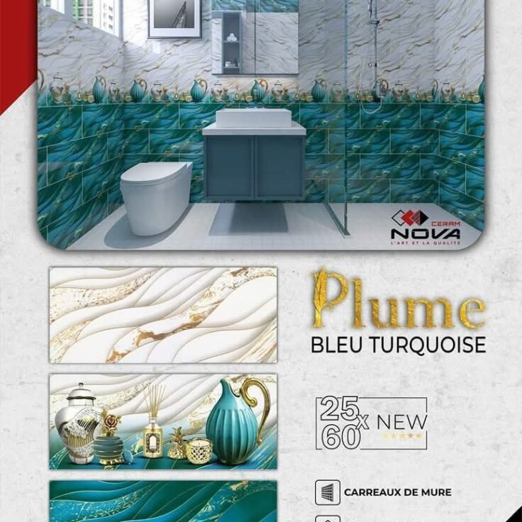 Faïence Plume Bleu turquoise et Blanc avec Doré -25x60 cm -Motif salle de bain