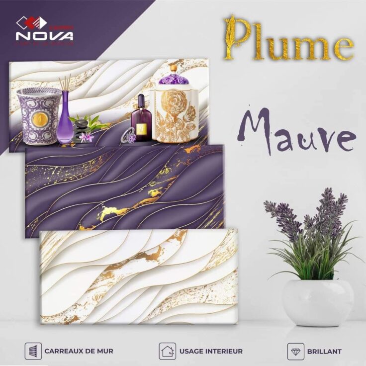 Faïence Plume Mauve et Blanc avec Doré -25x60 cm -Motif salle de bain