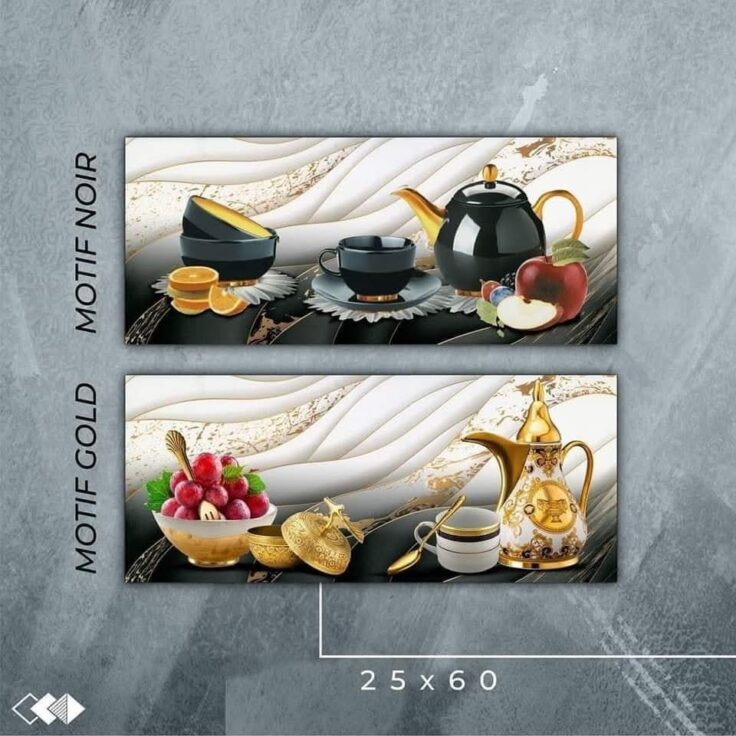 Faïence Plume Noir  et Blanc avec Doré -25x60 cm -Motif Cuisine . – Image 3