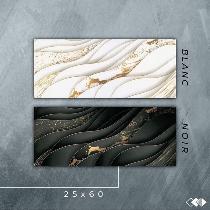 Faïence Plume Noir  et Blanc avec Doré -25x60 cm -Motif Cuisine . – Image 2
