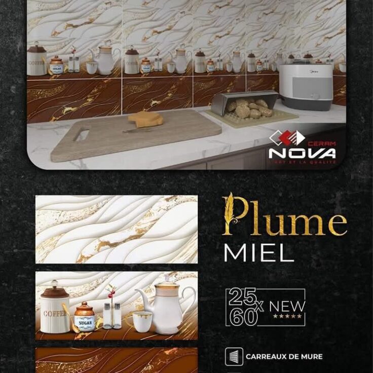 Faïence Plume Miel  et Blanc avec Doré -25x60 cm -Motif Cuisine .