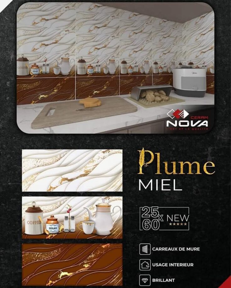 Faïence Plume Miel  et Blanc avec Doré -25x60 cm -Motif Cuisine .