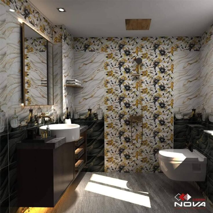 Faïence Plume Noir et Blanc avec Doré -25x60 cm -Motif salle de bain et Fleurs.