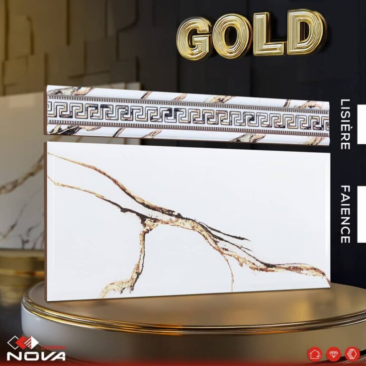 Faïence Gold sous-bassement 30x60 cm-Blanc marbré + lisière de 10x60cm.