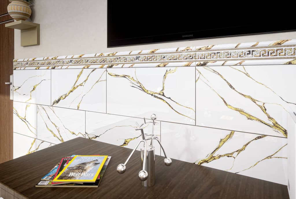 Faïence Gold sous-bassement 30x60 cm-Blanc marbré + lisière de 10x60cm. – Image 2