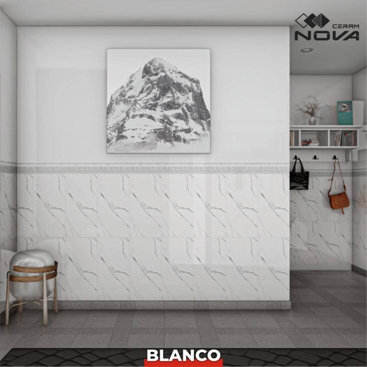 Faïence Blanco sous-bassement 30x60 cm-Blanc marbré + lisière de 10x60cm. – Image 2