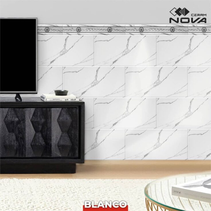 Faïence Blanco sous-bassement 30x60 cm-Blanc marbré + lisière de 10x60cm. – Image 3