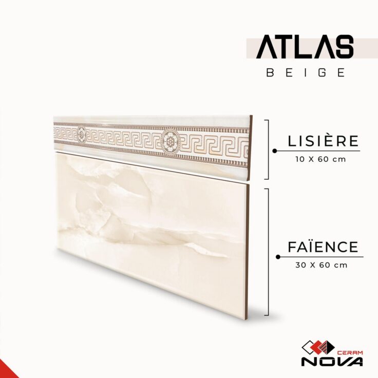 Faïence Atlas sous-bassement 30x60 cm-Beige marbré + lisière de 10x60cm.