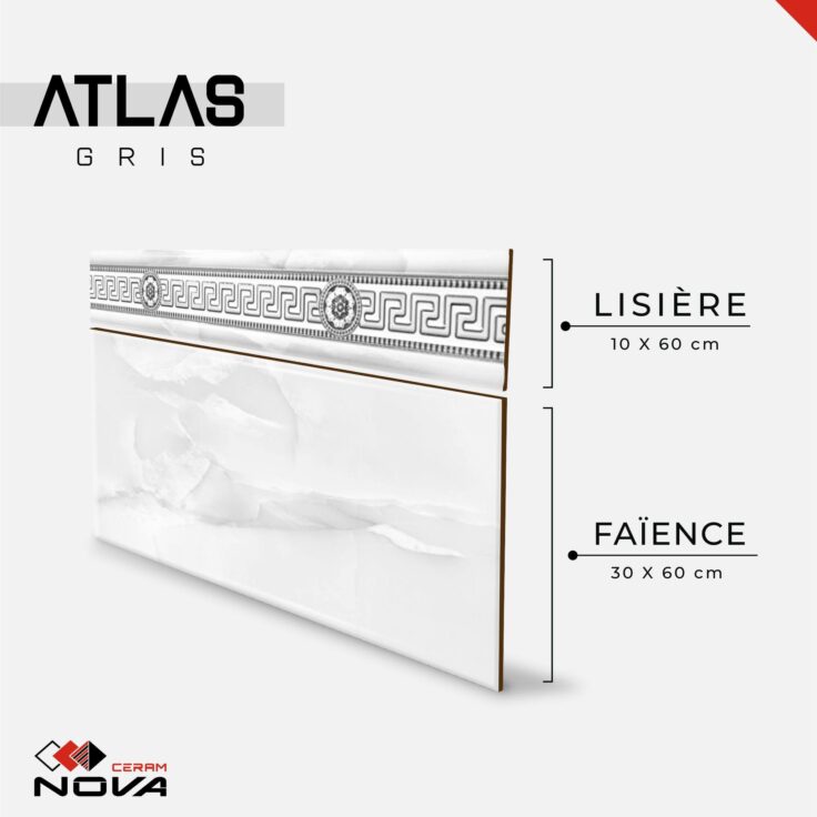 Faïence Atlas sous-bassement 30x60 cm-Gris marbré + lisière de 10x60cm.