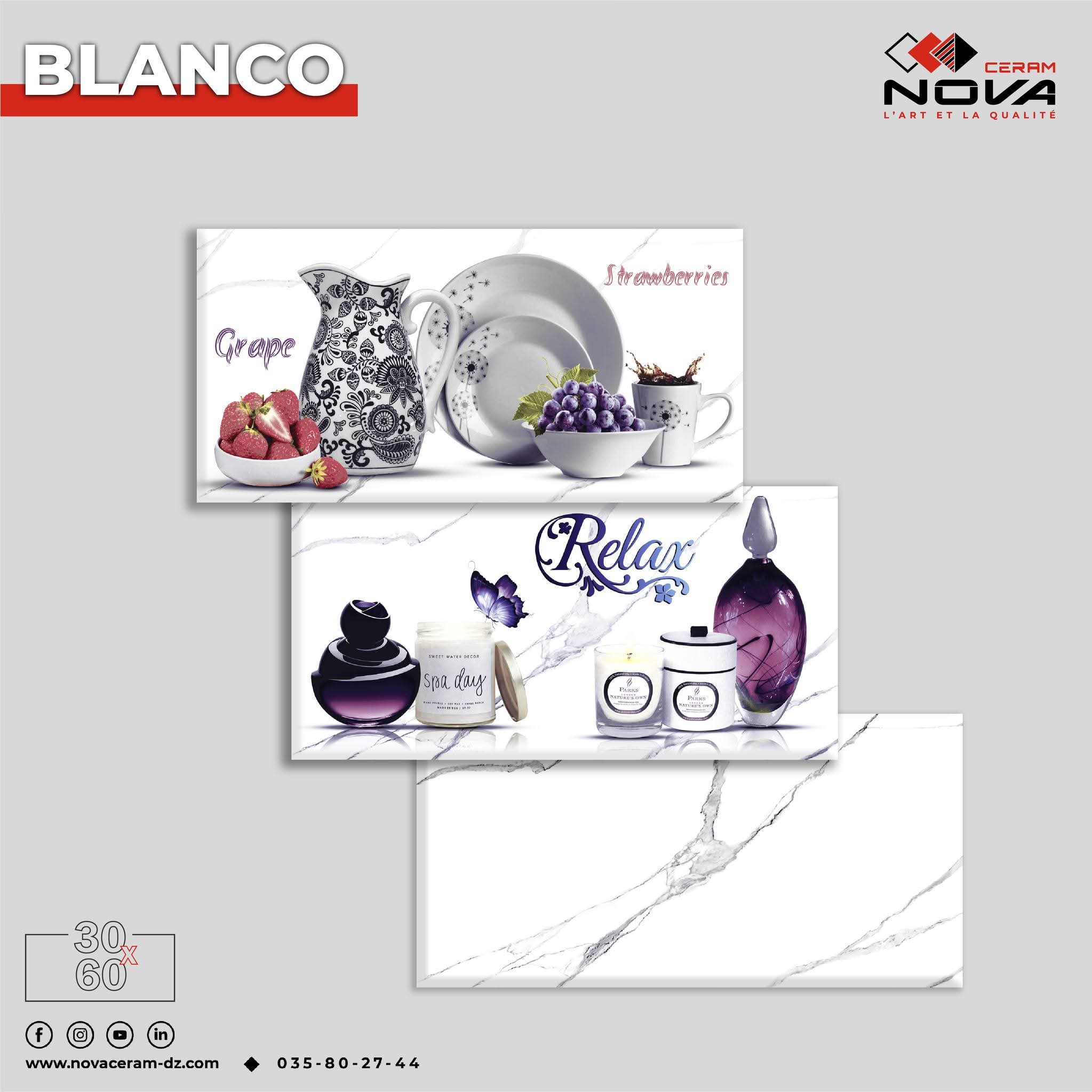 Faïence Blanco 30x60 cm- Blanc marbré - motif cuisine