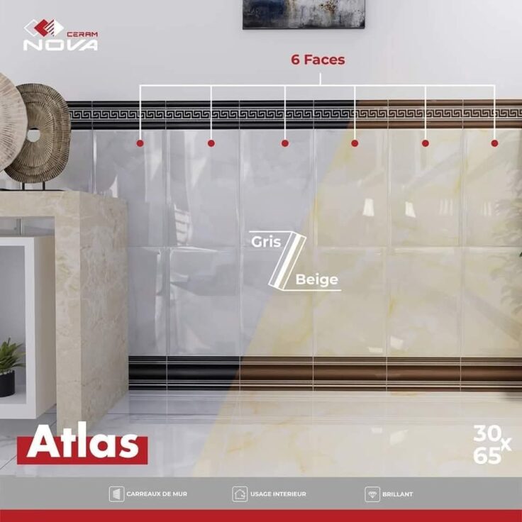Faïence  Atlas - sous-bassement 30x65cm-Gris -avec lisière et plinthe intégrée . – Image 2