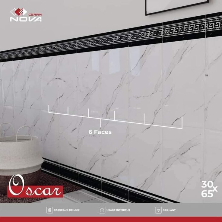 Faïence Oscar - sous-bassement 30x65cm-Blanc marbré -avec lisière et plinthe intégrée . – Image 2