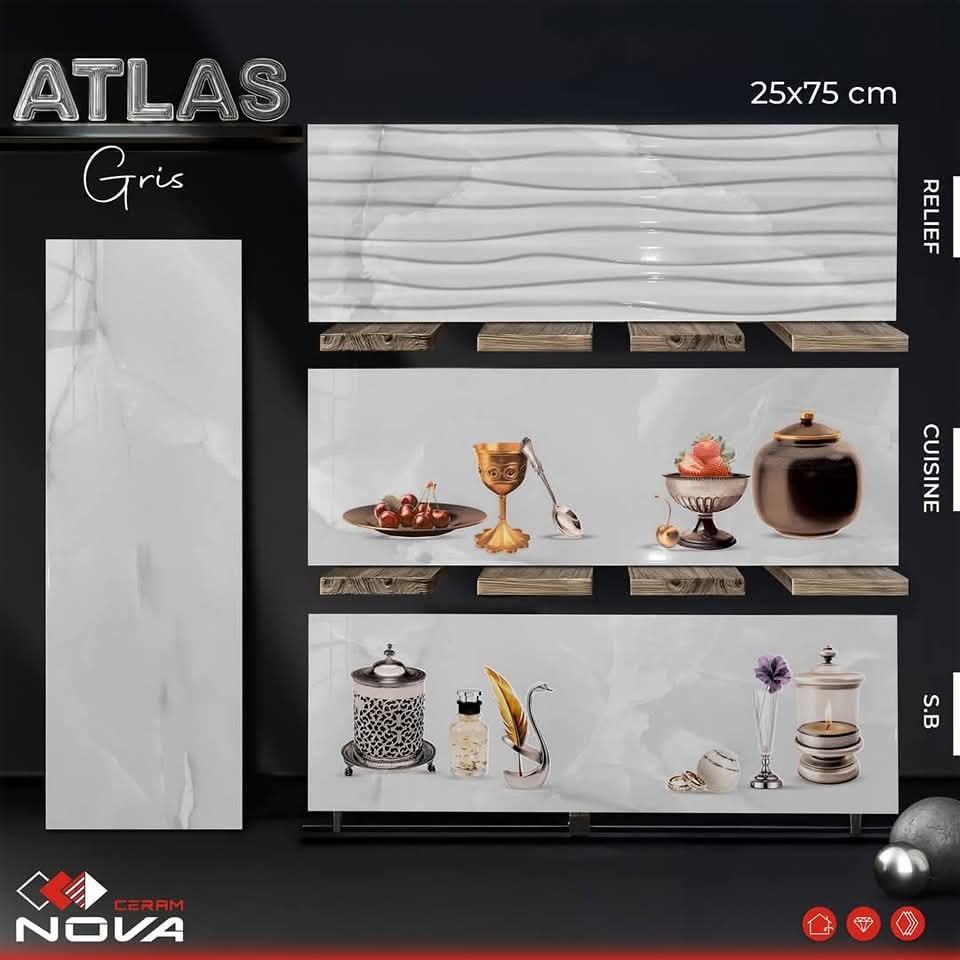 Faïence Atlas Gris -25x75 cm - motif cuisine et mosaïque.