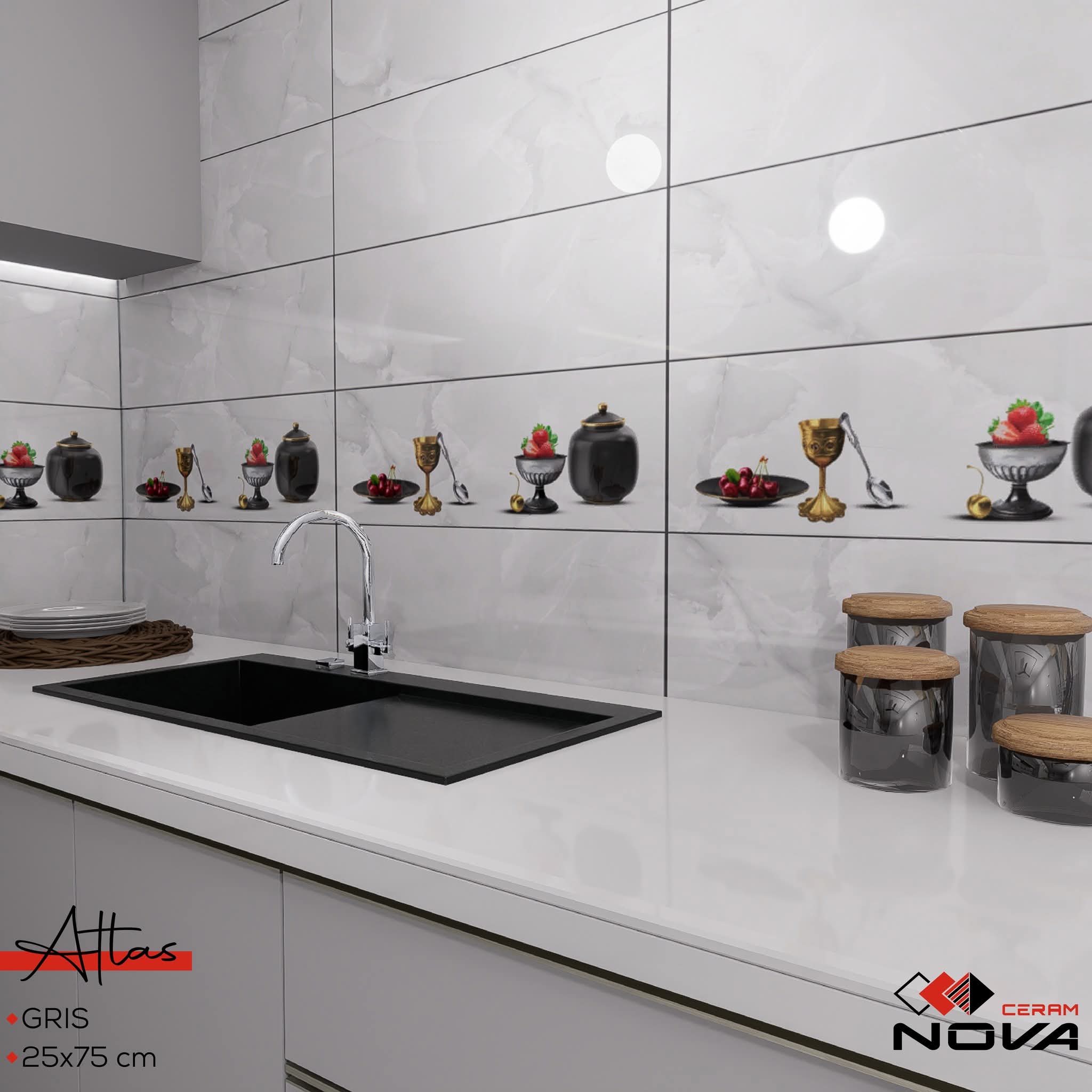 Faïence Atlas Gris -25x75 cm - motif cuisine et mosaïque. – Image 2