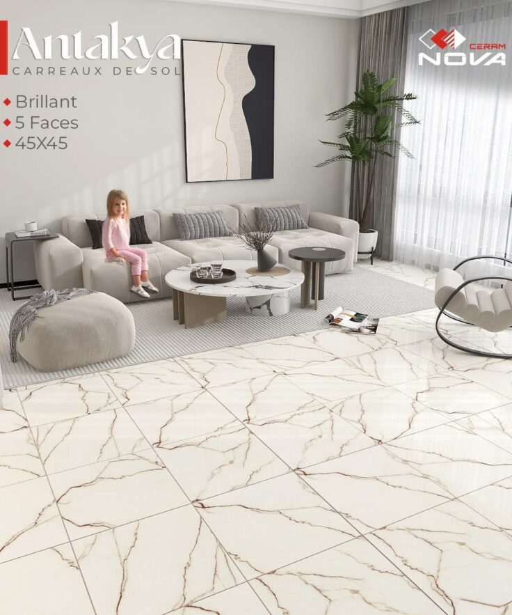 Dalle de sol Antakya Blanc marbré -45x45cm-Brillante – Image 2