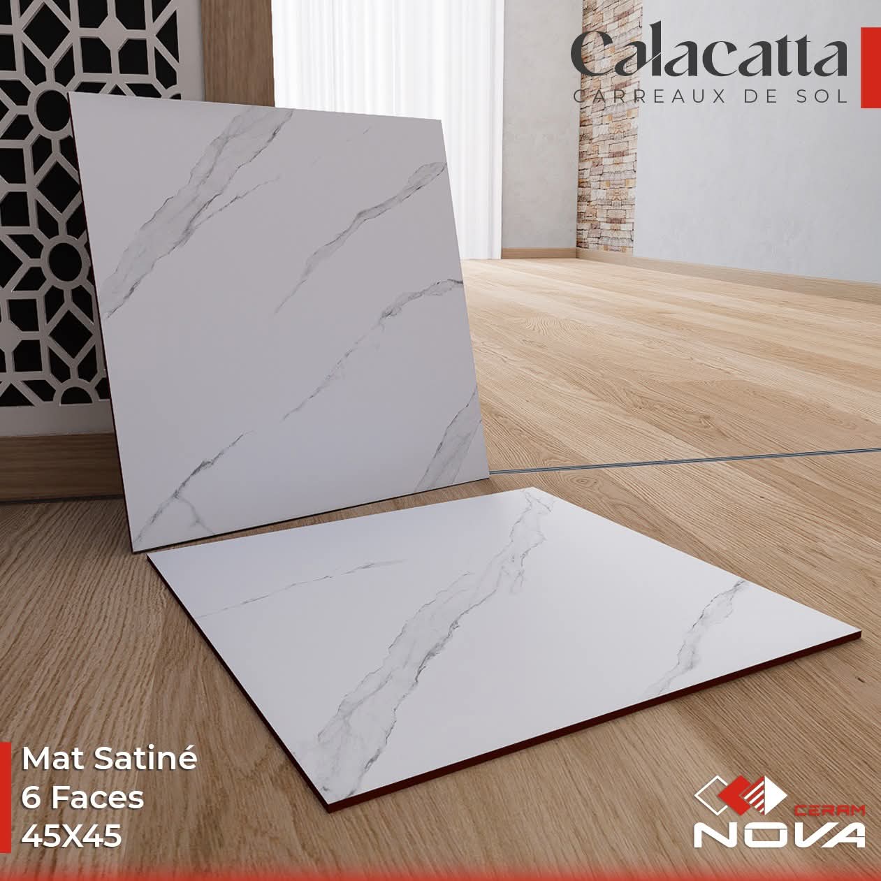 Dalle de sol Calacatta Blanc marbré -45x45cm-Mate.