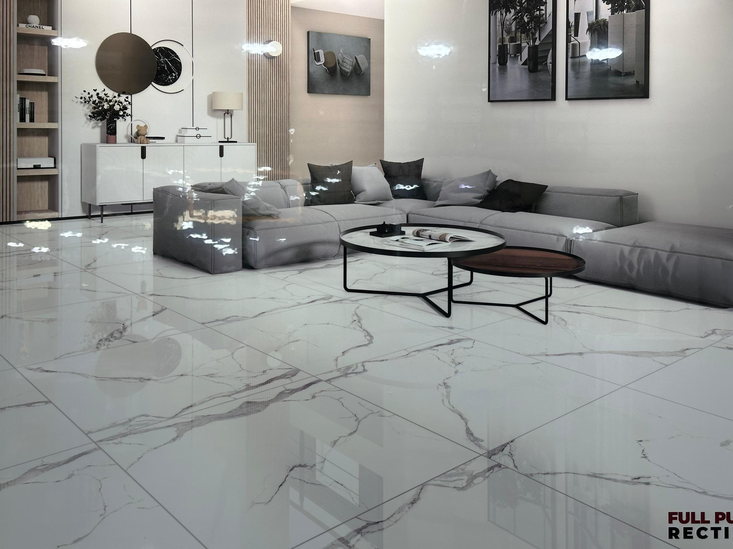 Dalle de sol Porcelaine 90x90 cm-blanc marbré- poli Rectifier . – Image 3