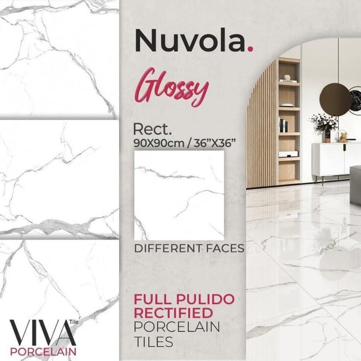 Dalle de sol Porcelaine 90x90 cm-blanc marbré- poli Rectifier .