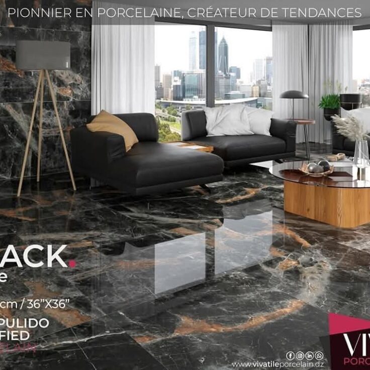 Dalle de sol Porcelaine 90x90 cm-Grove Black- poli Rectifier .