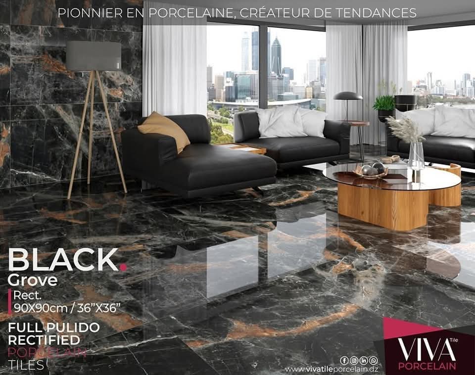 Dalle de sol Porcelaine 90x90 cm-Grove Black- poli Rectifier .
