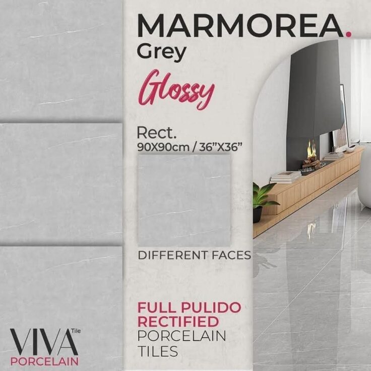 Dalle de sol Porcelaine 90x90 cm-Marmorea gris- poli Rectifier .